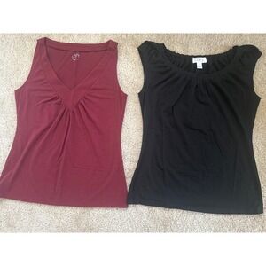 Loft Sleeveless Knit Tops Bundle Burgundy V-Neck Black Scoop Neck Pleated Lot 2